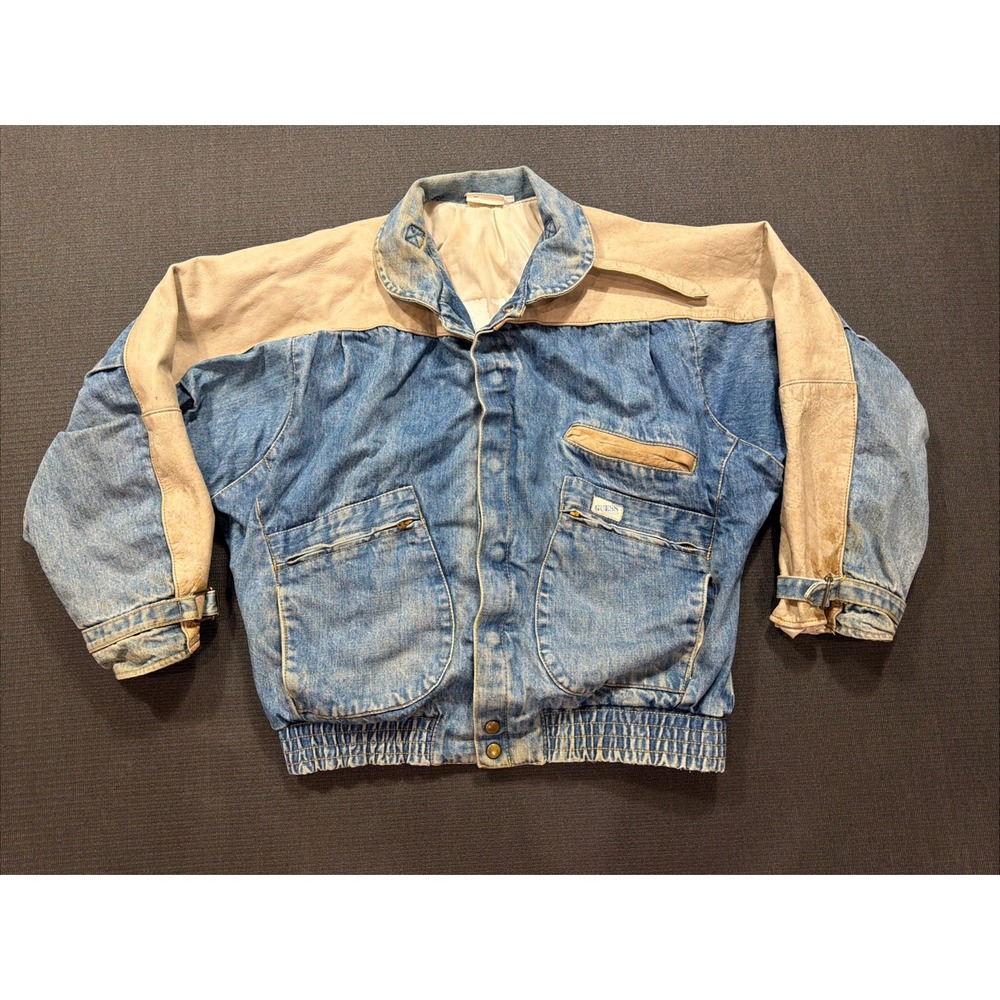 Vtg 80s GUESS Marty McFly Jacket Size Medium Denim Leather Jean Georges Marciano